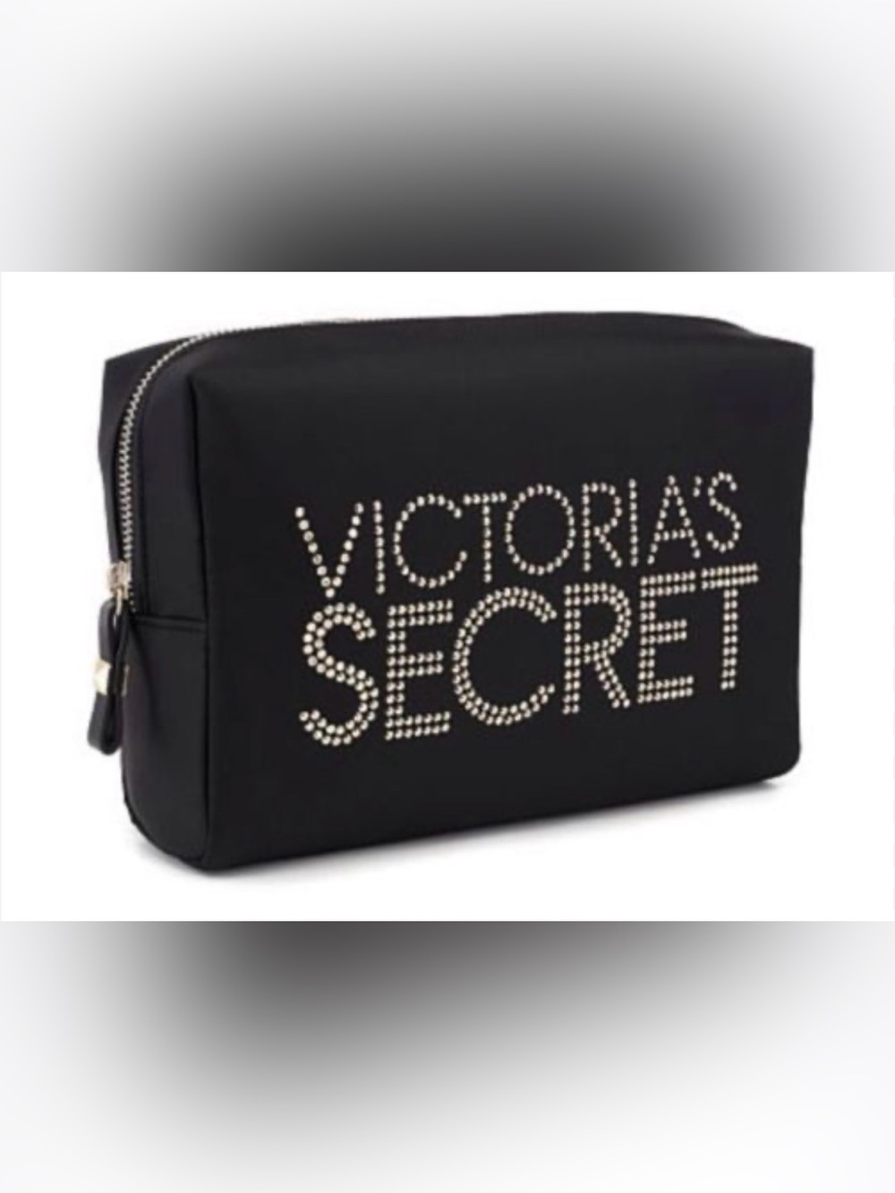Victoria’s Secret black satin makeup bag, leopard print interior